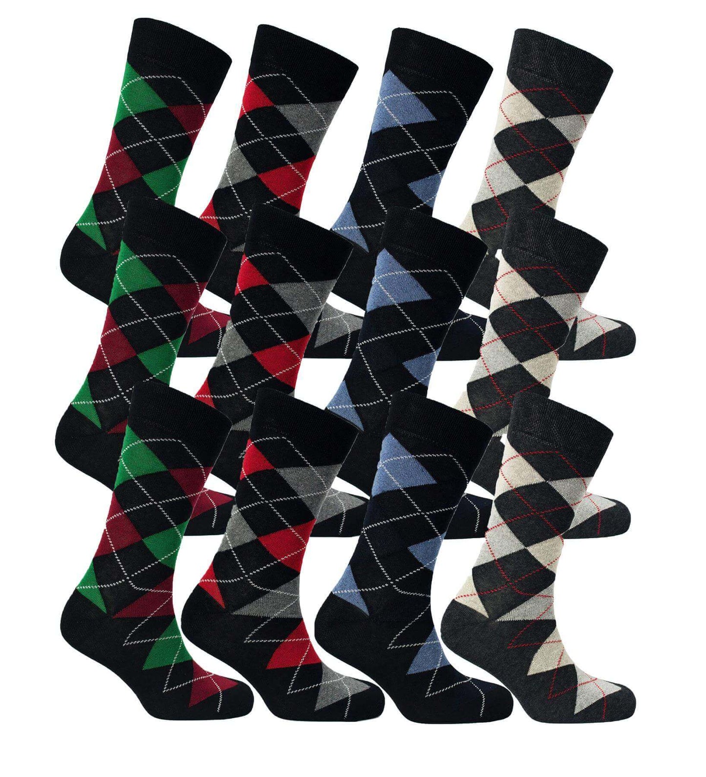 12 Pairs Men's Colourful Heel Toe Black Argyle Socks