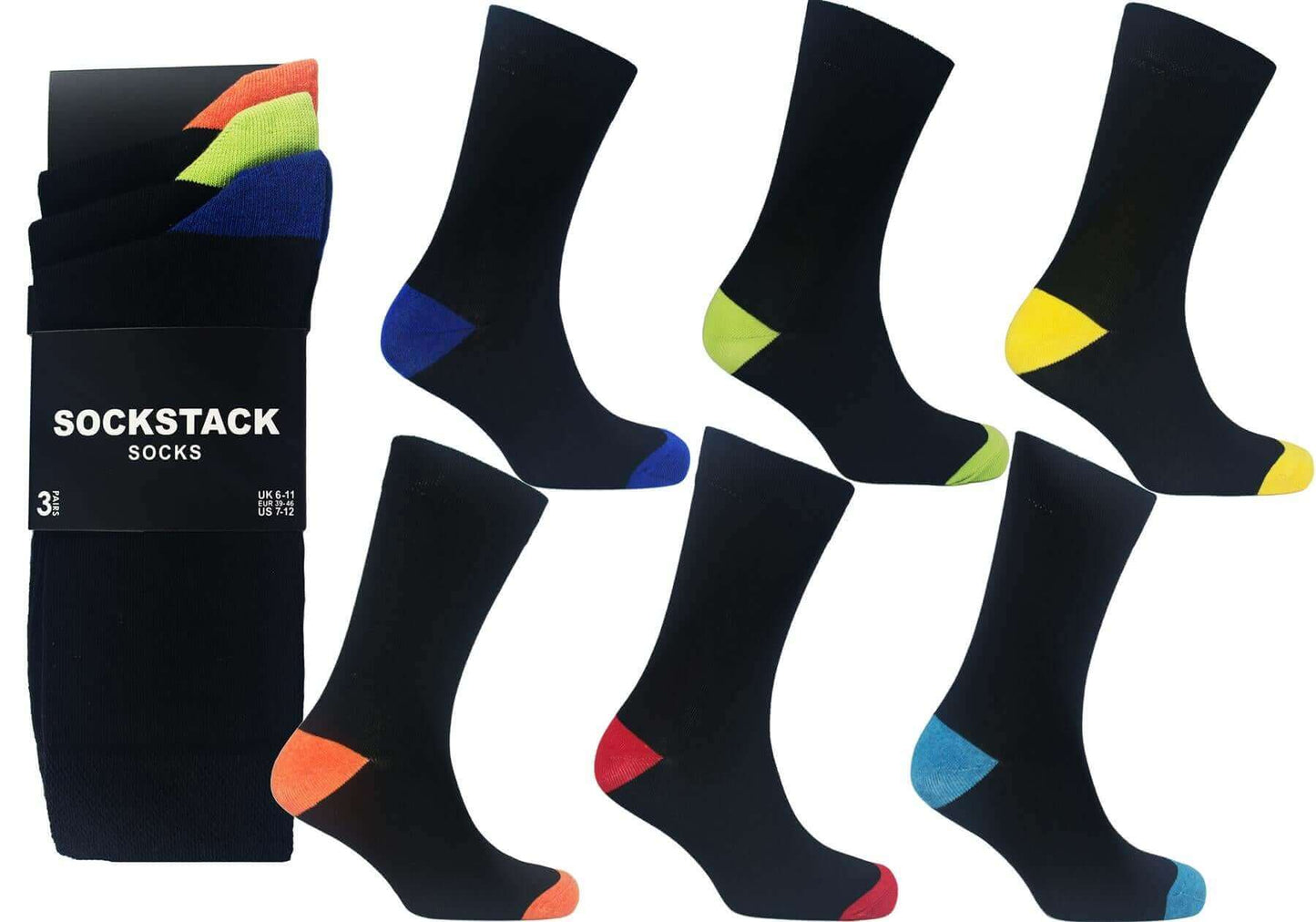 12 Pairs Men's Colourful Heel Toe Black Argyle Socks