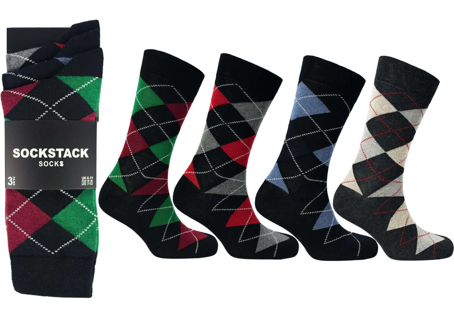 12 Pairs Men's Colourful Heel Toe Black Argyle Socks