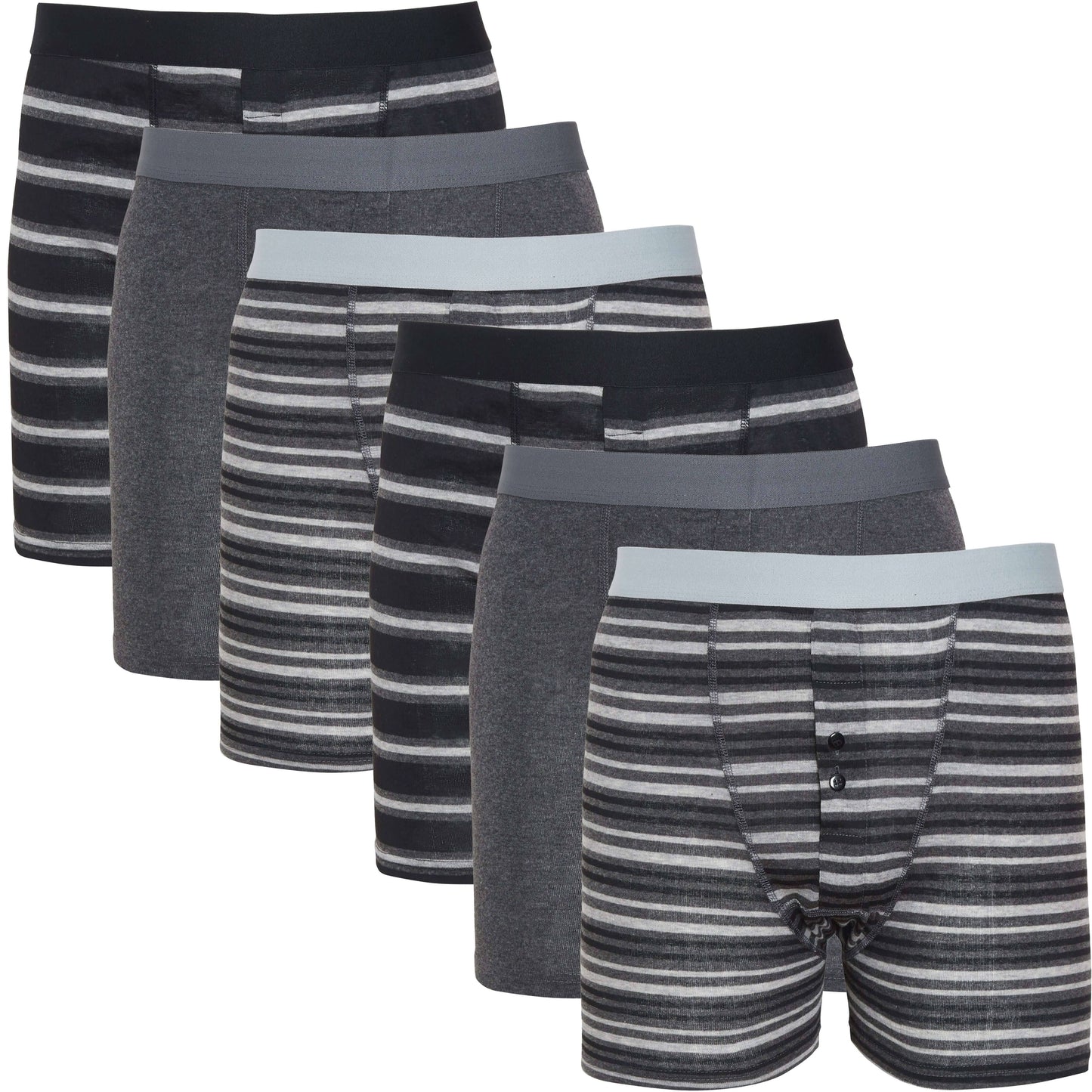 6 Pack Striped Black Grey Cotton Stretch Boxer Shorts