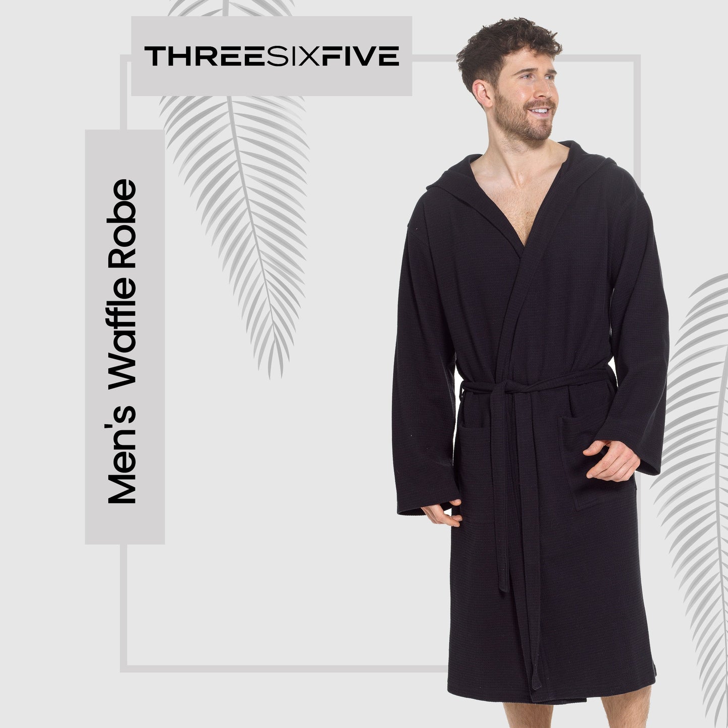 Men’s Hooded Waffle Cotton Bathrobe Black