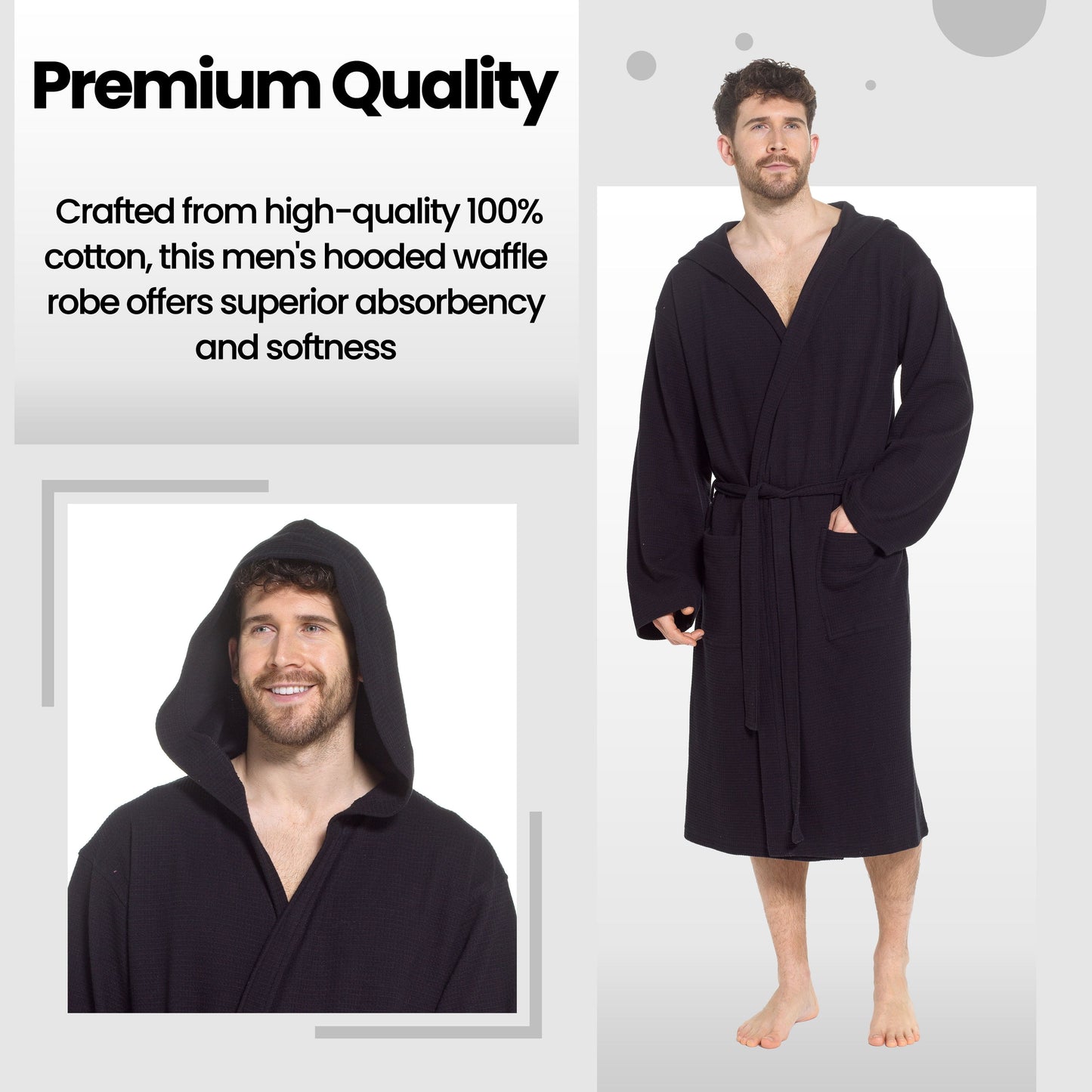 Men’s Hooded Waffle Cotton Bathrobe Black