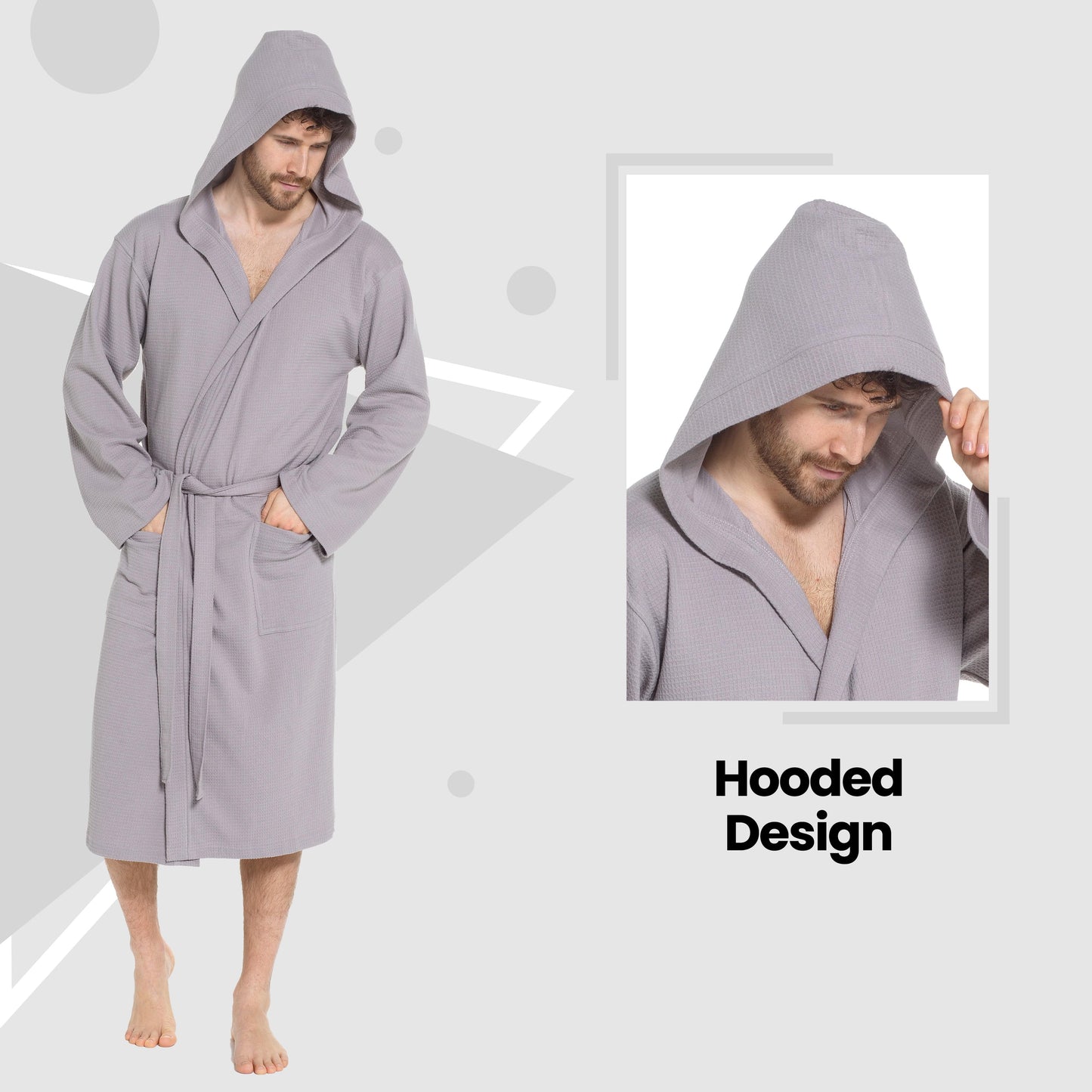 Men’s Hooded Waffle Cotton Bathrobe Grey