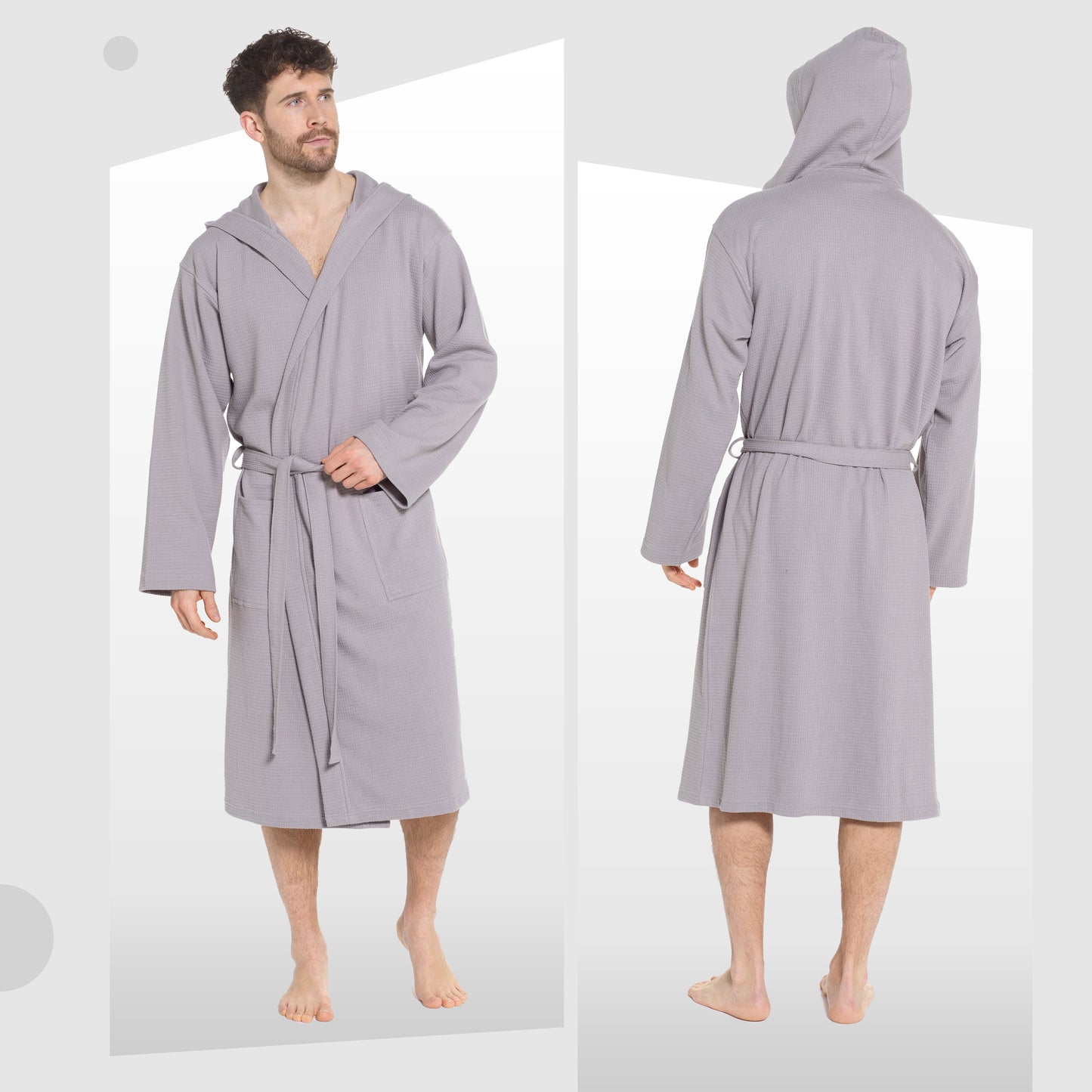Men’s Hooded Waffle Cotton Bathrobe Grey