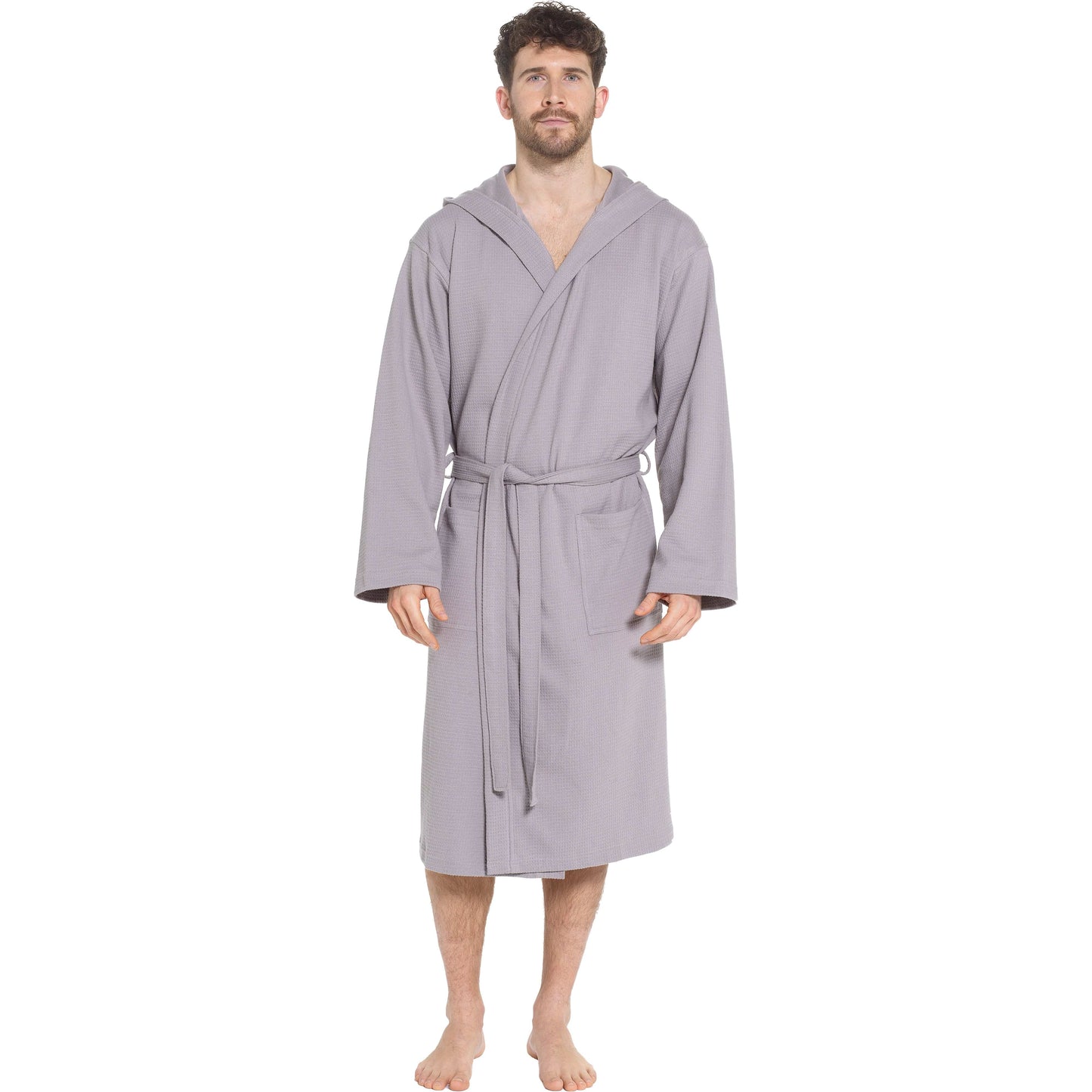 Men’s Hooded Waffle Cotton Bathrobe Grey