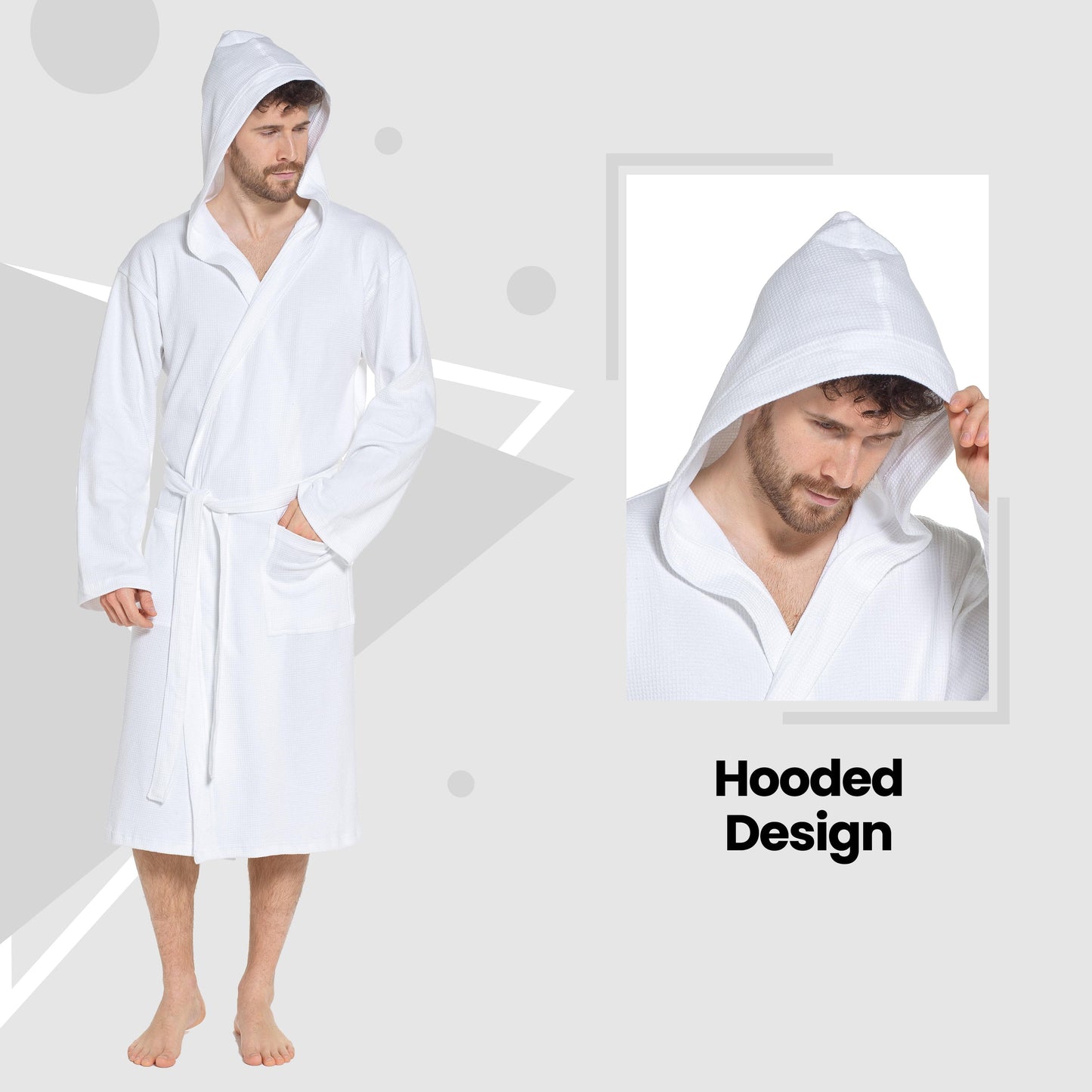 Men’s Hooded Waffle Cotton Bathrobe White