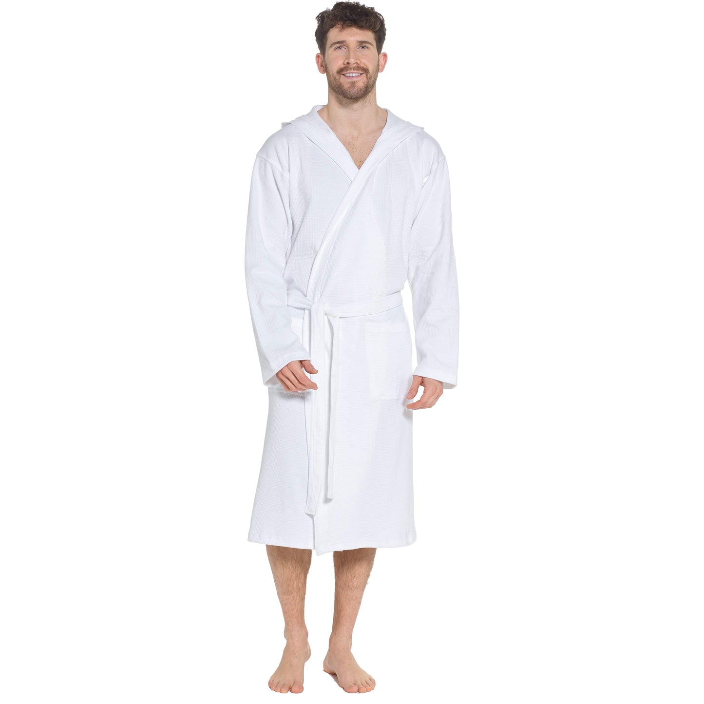 Men’s Hooded Waffle Cotton Bathrobe White