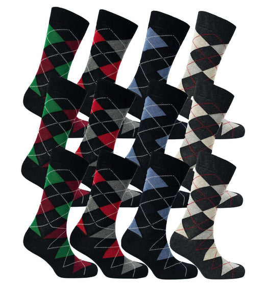 12 Pairs Men's Colourful Heel Toe Black Argyle Socks