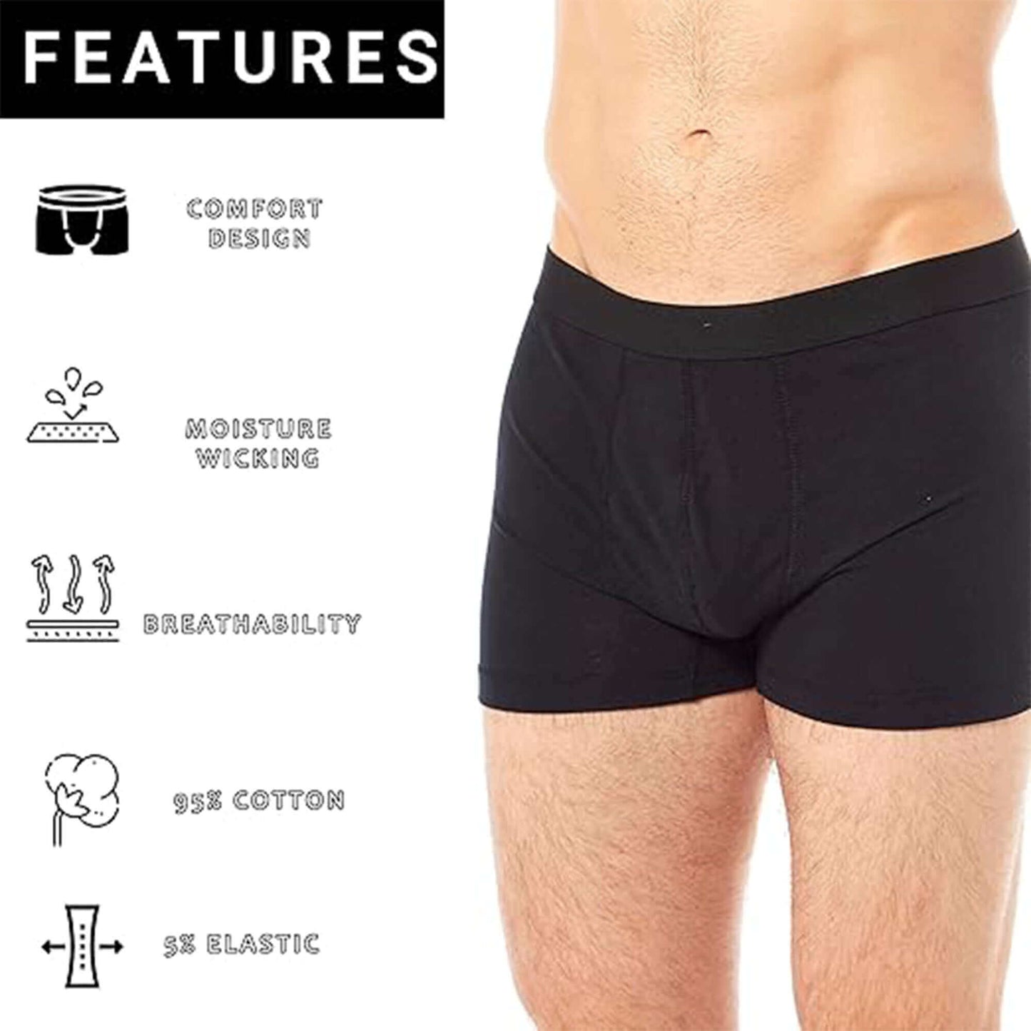 6 Pack Black Cotton Stretch Boxer Shorts