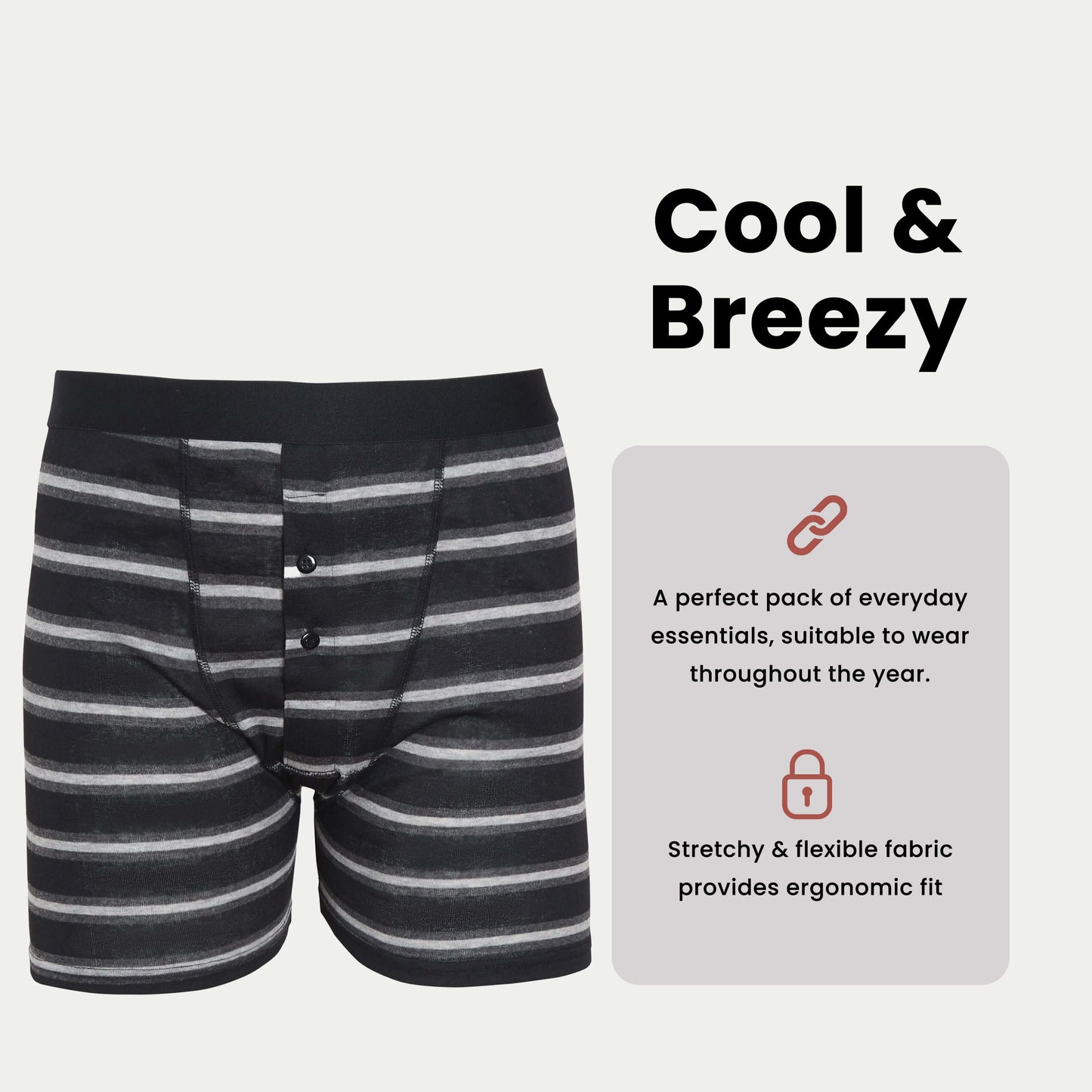 6 Pack Striped Black Grey Cotton Stretch Boxer Shorts
