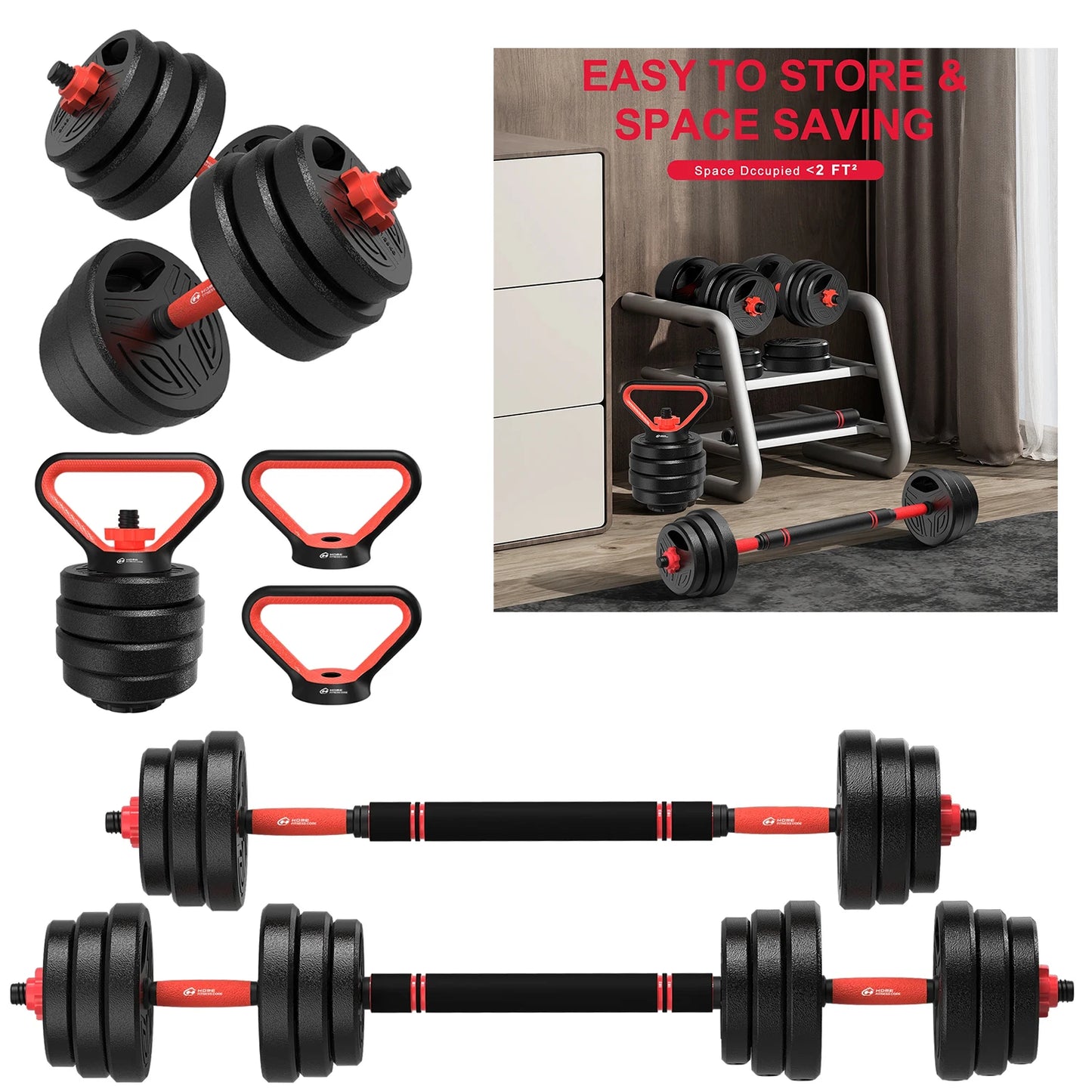3-in-1 Dumbbells Set 20 kg Adjustable Dumbbells with Extra Barbell Bar