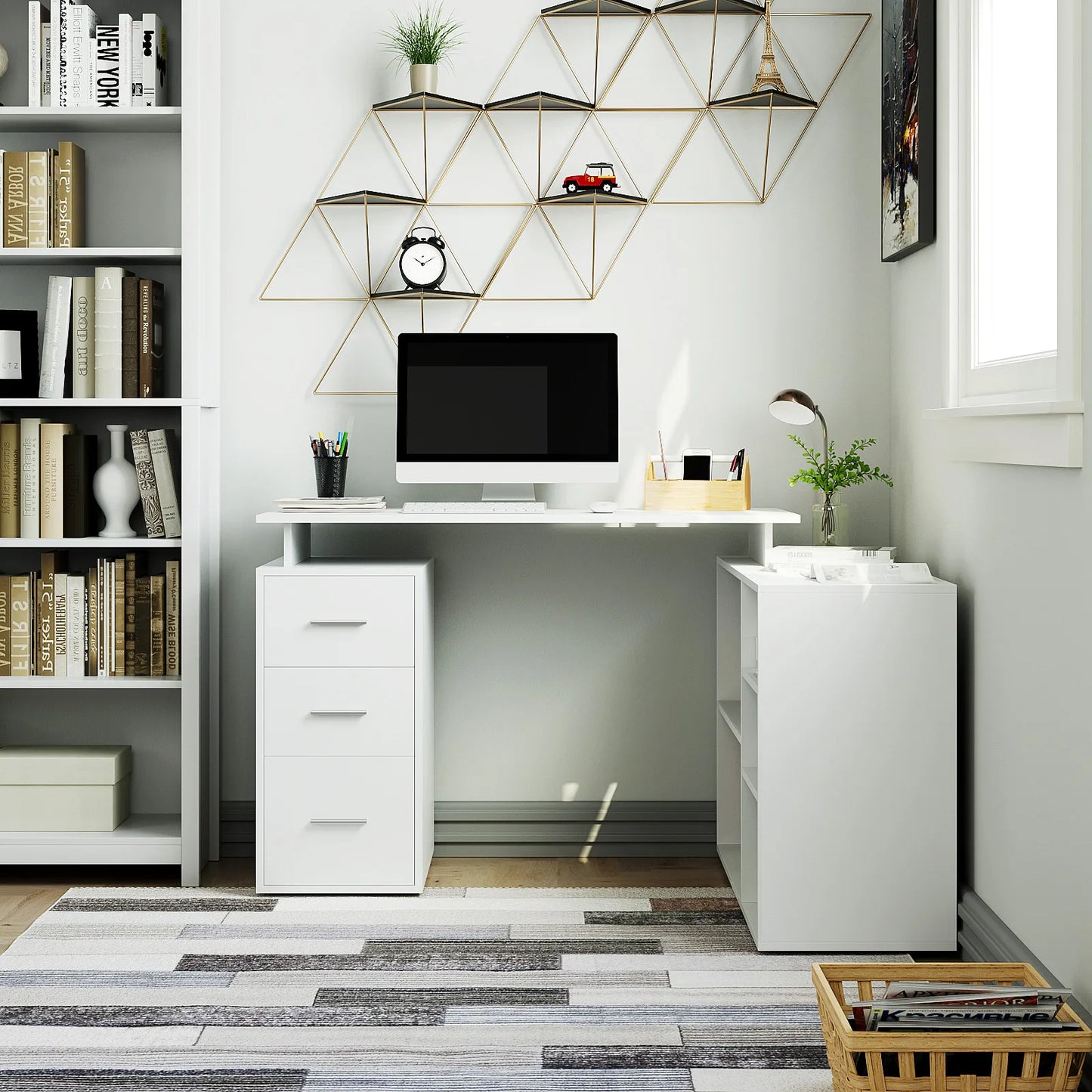 Corner desk L-shaped desk with drawers and shelves