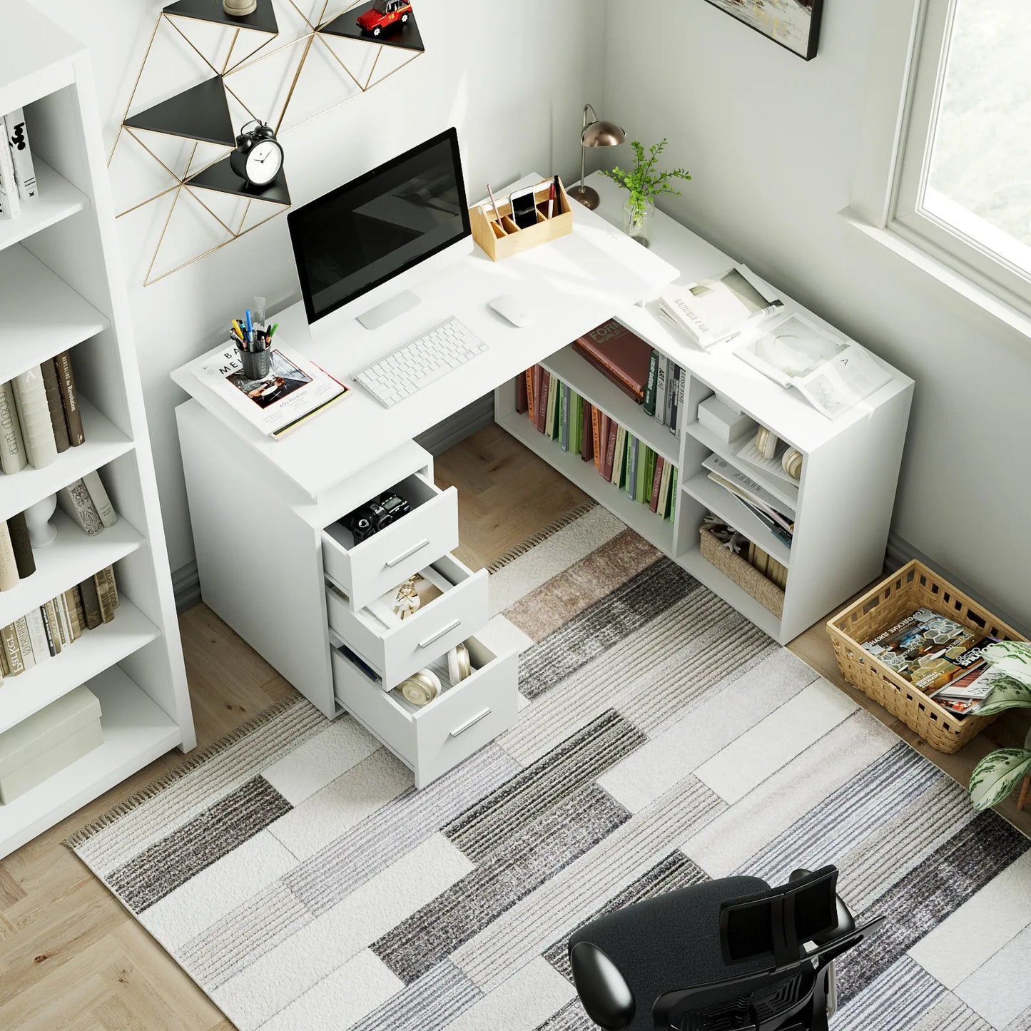 Corner desk L-shaped desk with drawers and shelves