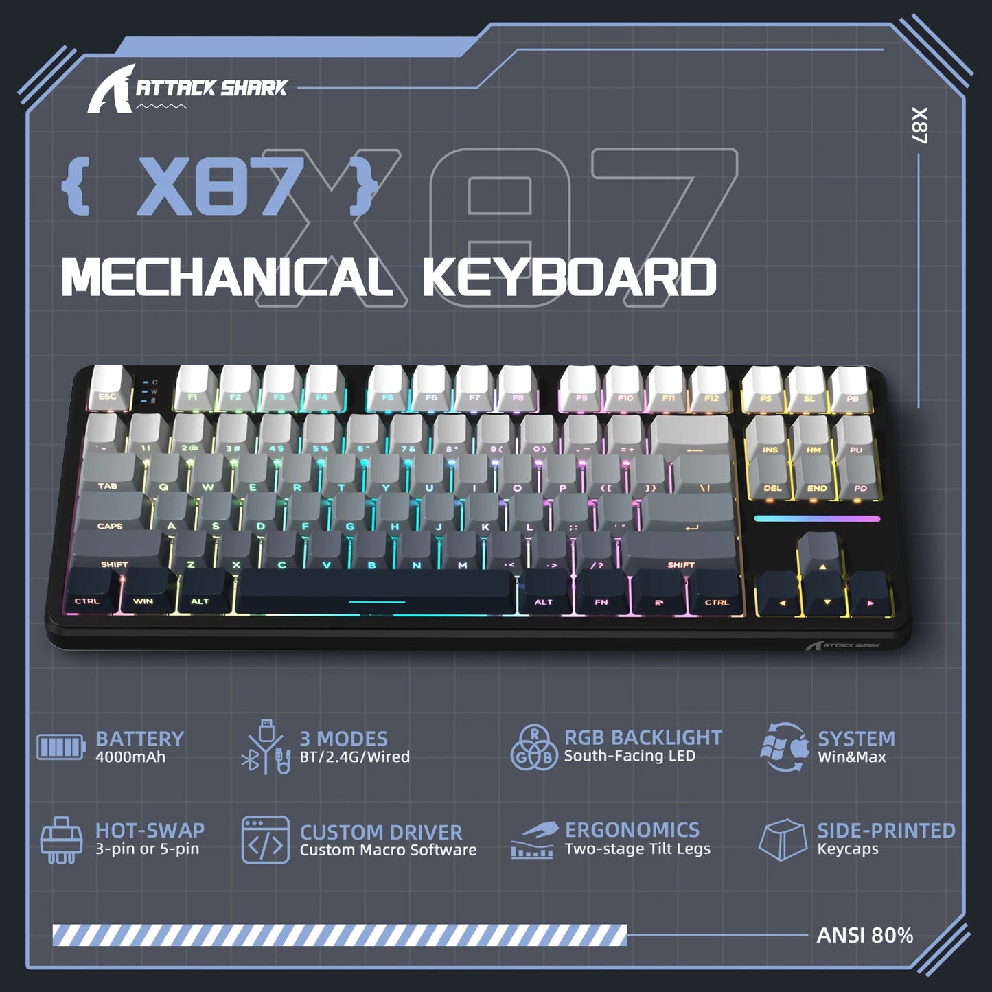 ATTACK SHARK X87 Wireless Mechanical Keyboard