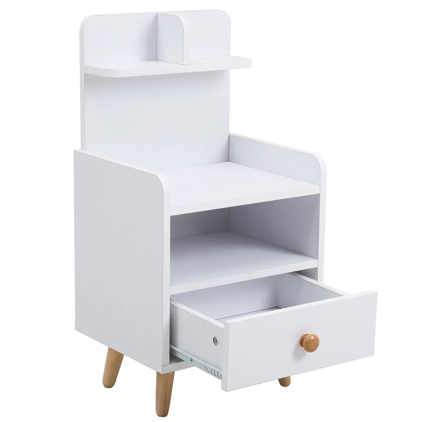 White Wooden Bedside Table with a Shelf and Drawer
