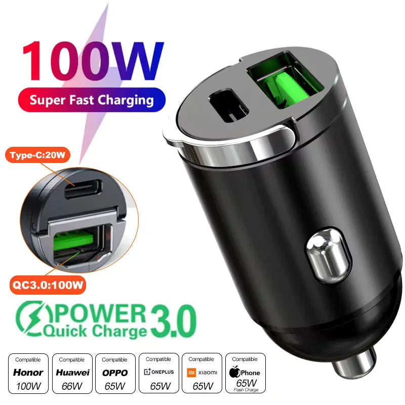 Mini Car Charger 12-24V Lighter Fast Charging USB + Type C