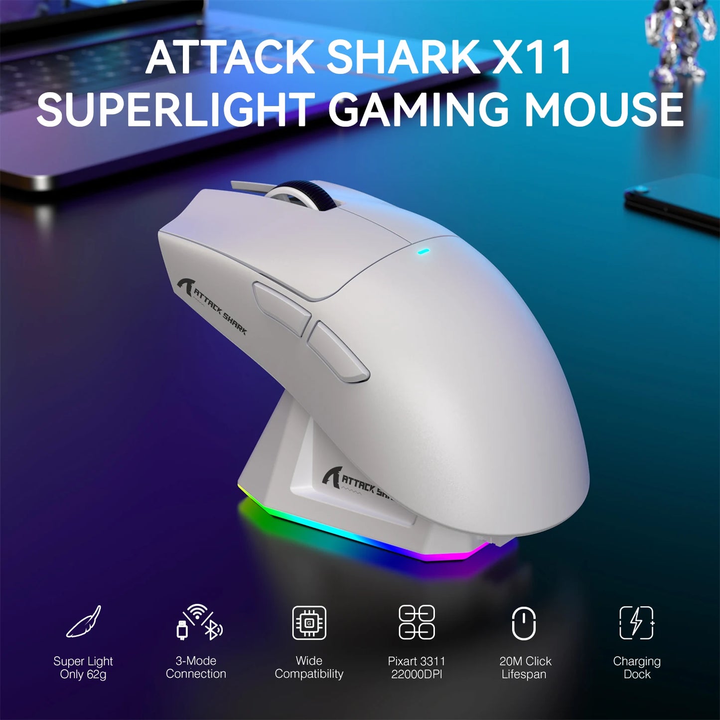 ATTACK SHARK X11 Lightweight Wireless Gaming Mouse with RGB