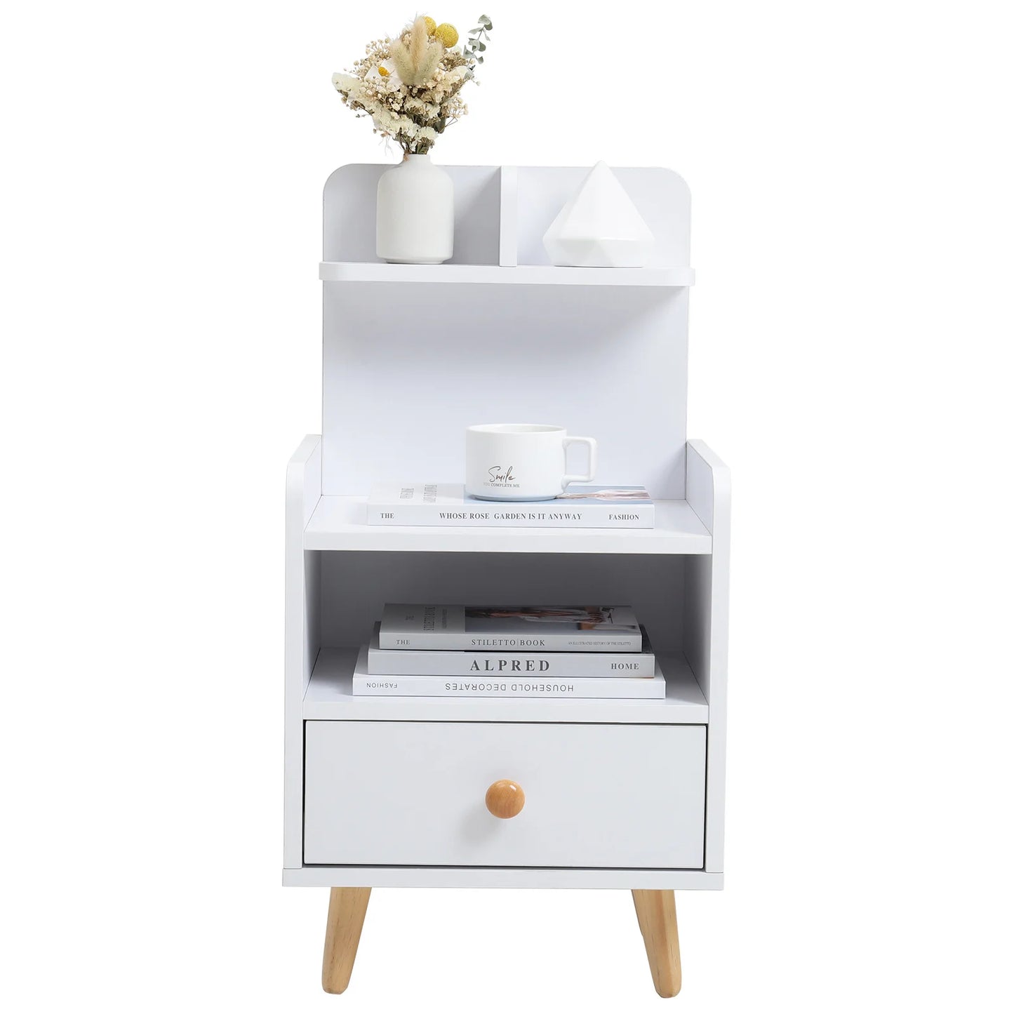 White Wooden Bedside Table with a Shelf and Drawer