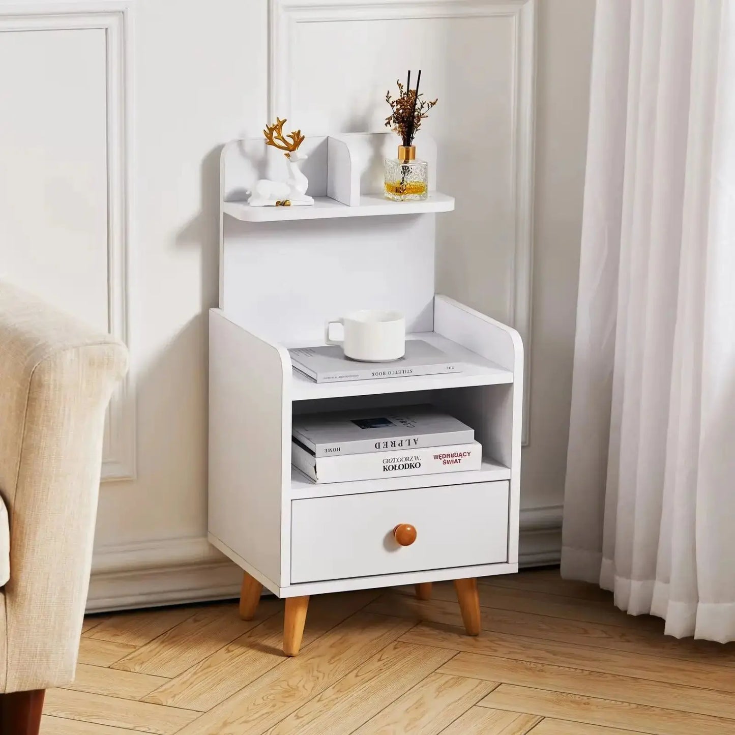 White Wooden Bedside Table with a Shelf and Drawer