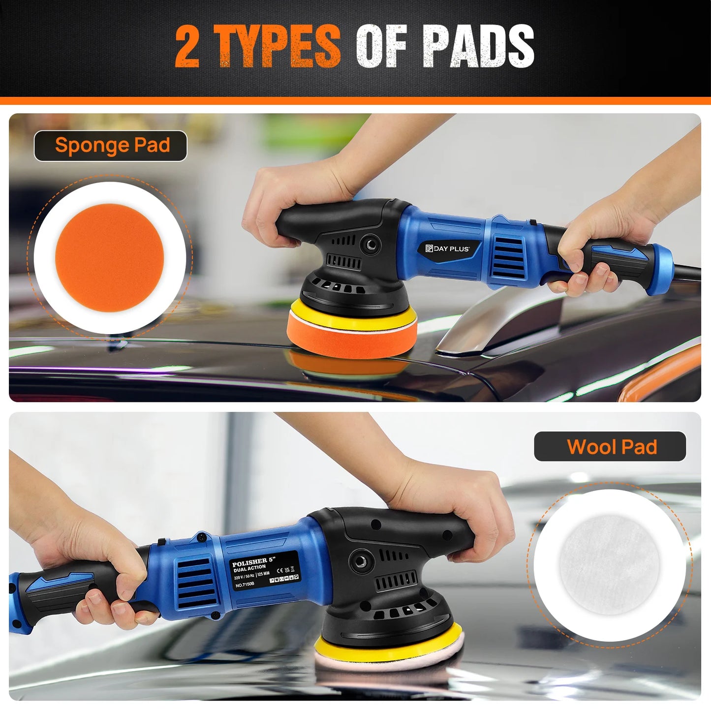 DayPlus Polisher 5000W Dual Action Car Buffer Polisher 6 Variable Speed