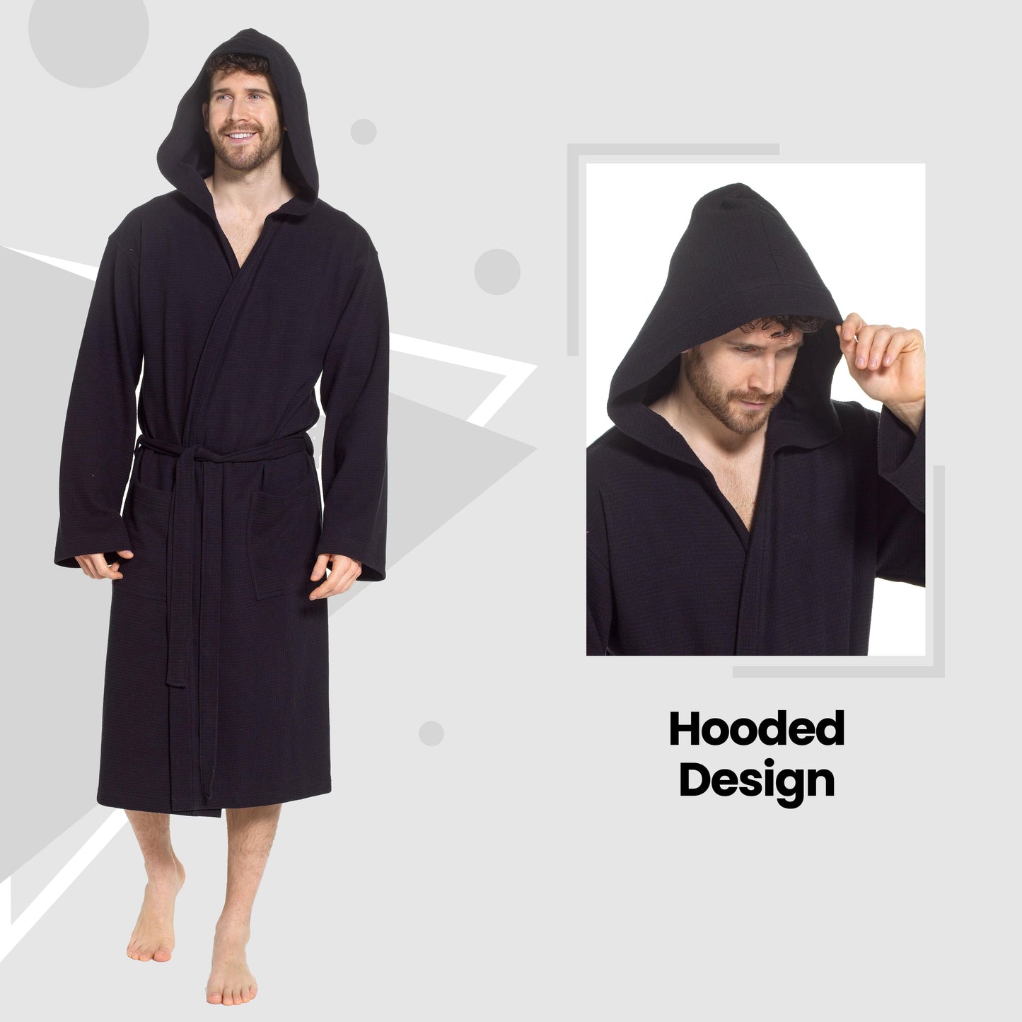Men’s Hooded Waffle Cotton Bathrobe Black