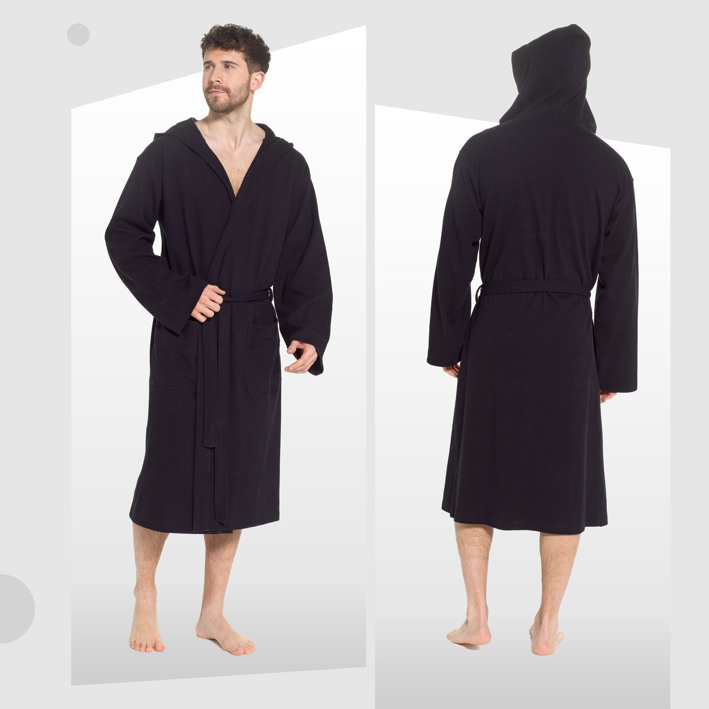 Men’s Hooded Waffle Cotton Bathrobe Black