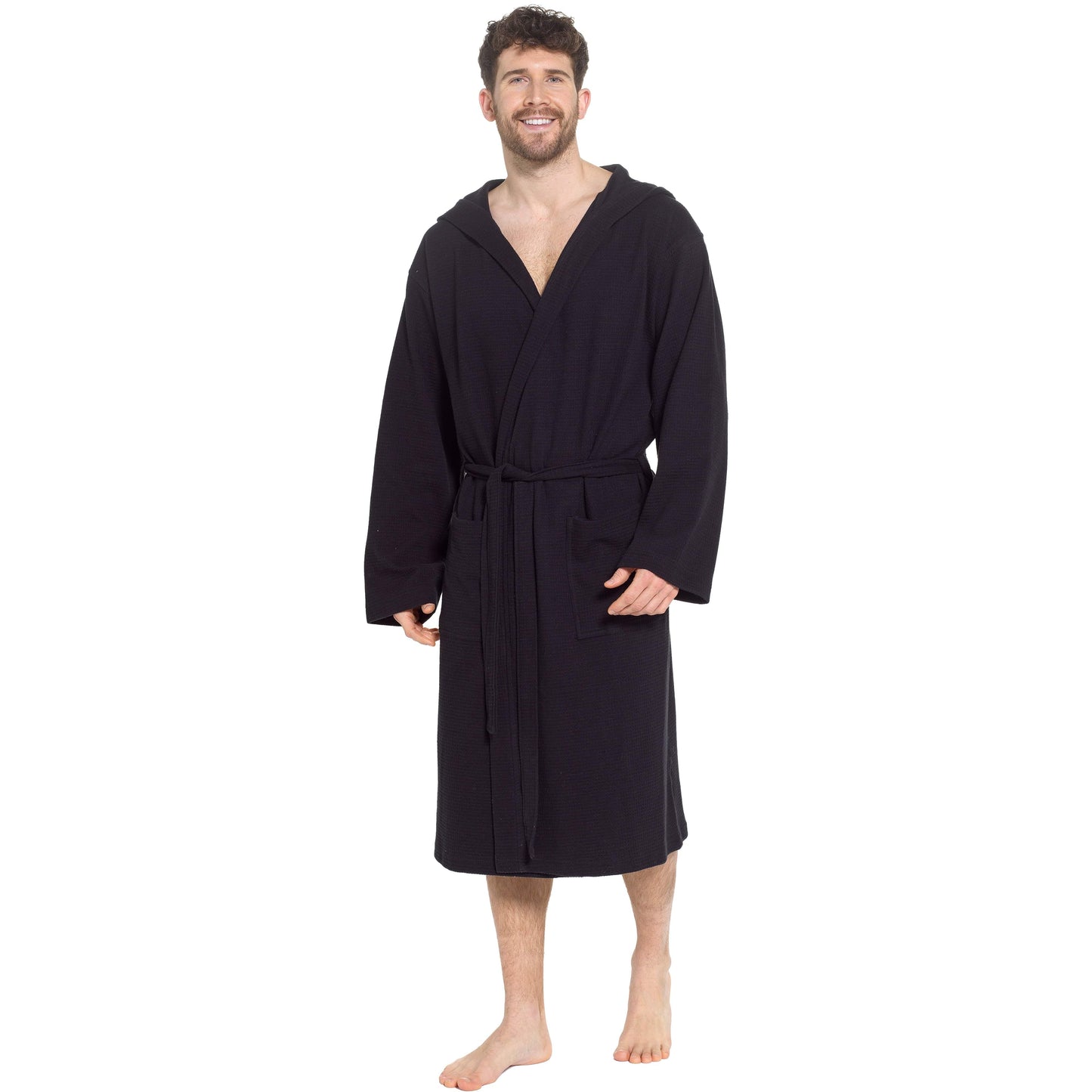 Men’s Hooded Waffle Cotton Bathrobe Black