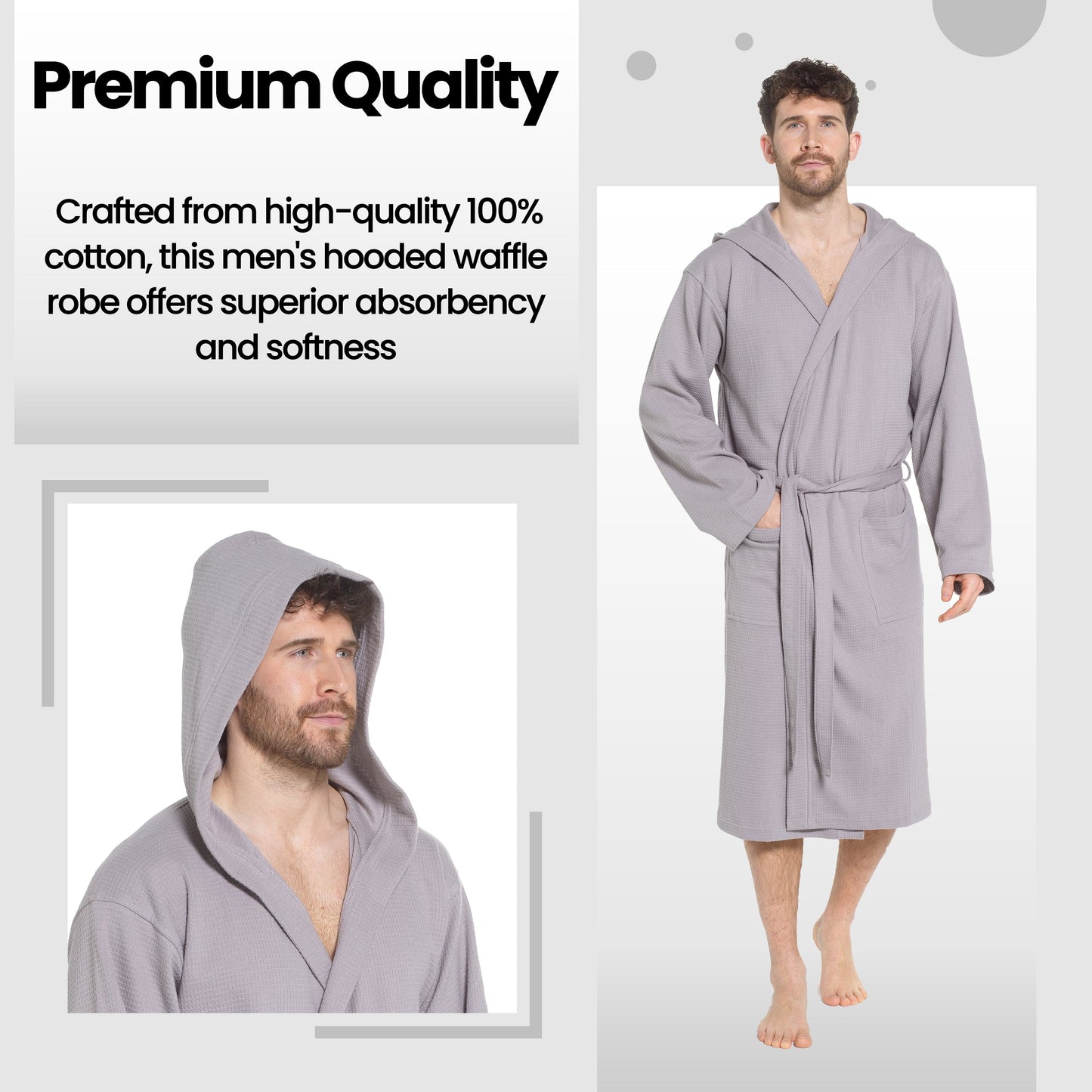 Men’s Hooded Waffle Cotton Bathrobe Grey