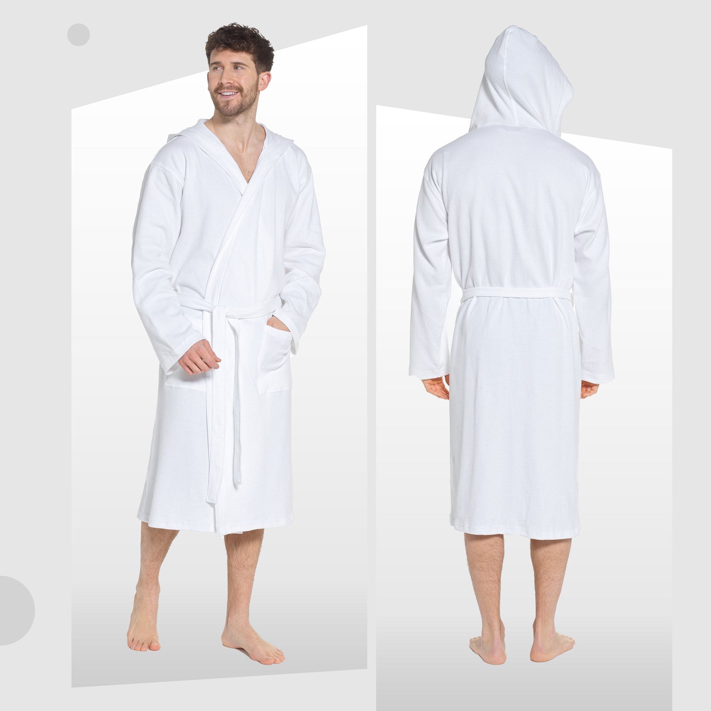 Men’s Hooded Waffle Cotton Bathrobe White