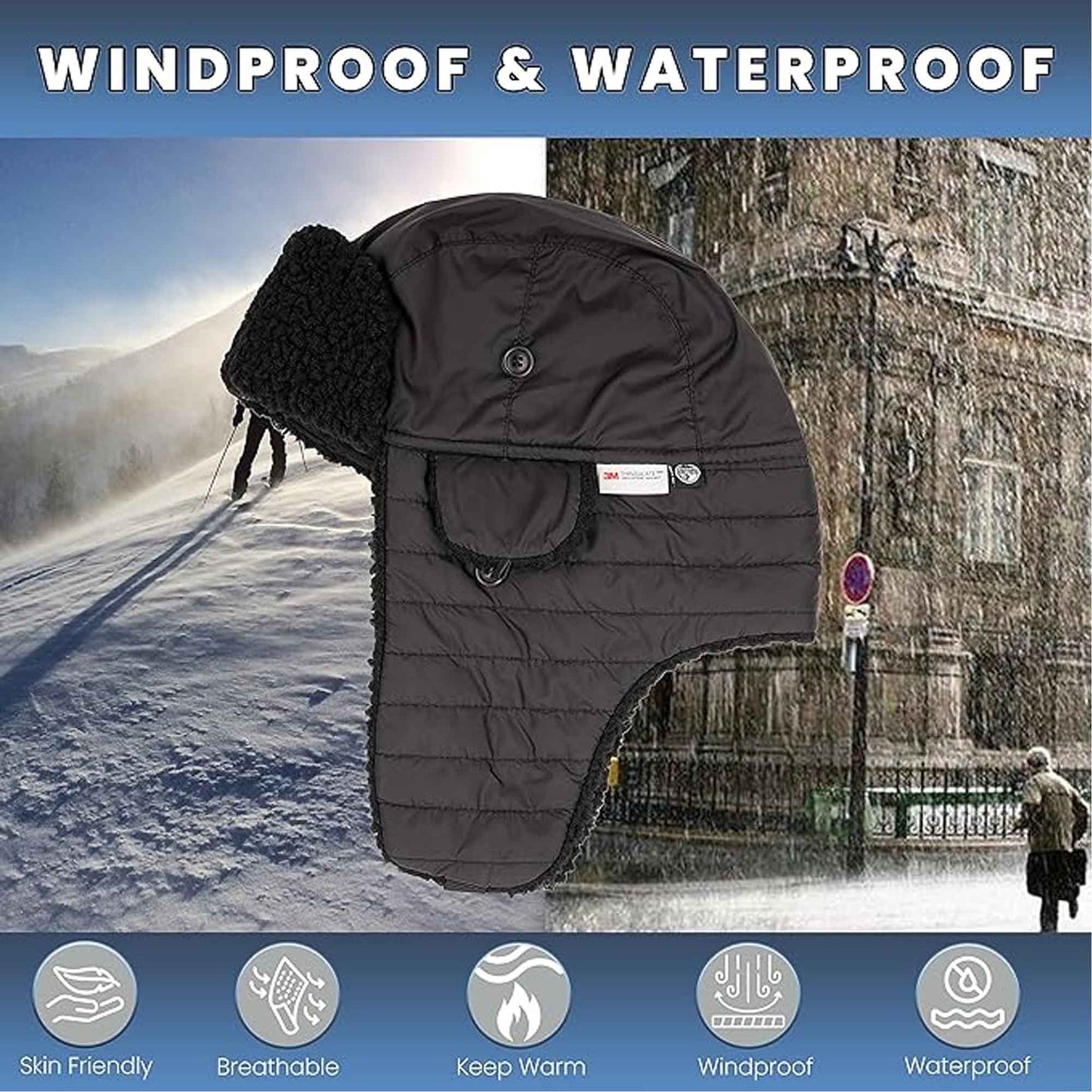 Men's Ribbed Waterproof Trapper Hat with 3M Thinsulate Fleece Lining